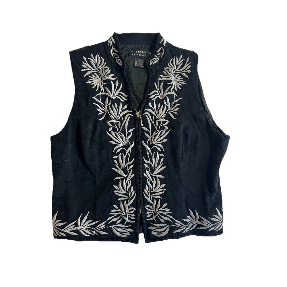 Spenser Jeremy Vest Embroidered Black Silk Silver Vest Size Large silk